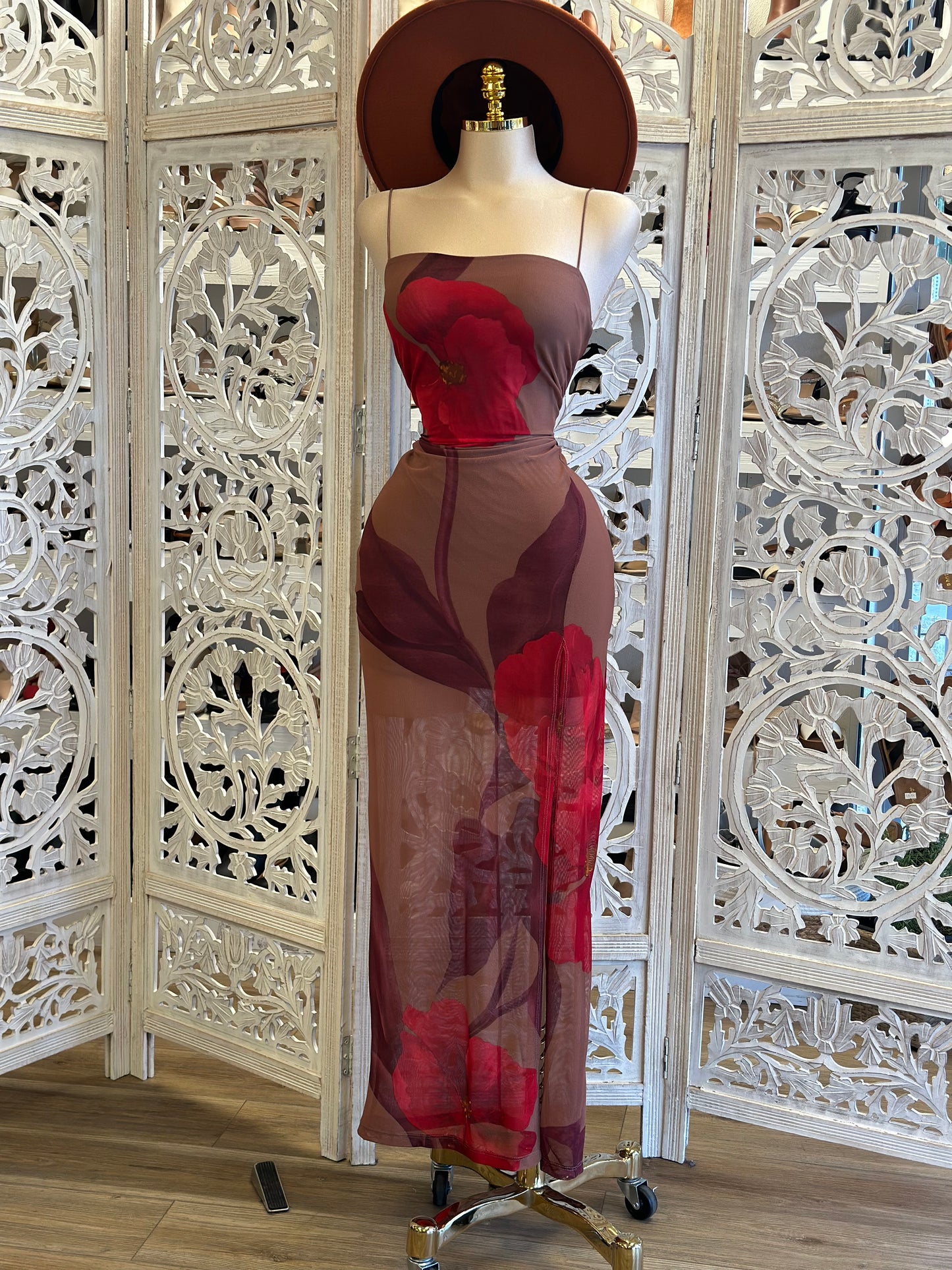 Thin Strap Rust Cutout Ruffle Dress - Estira, Stretchy