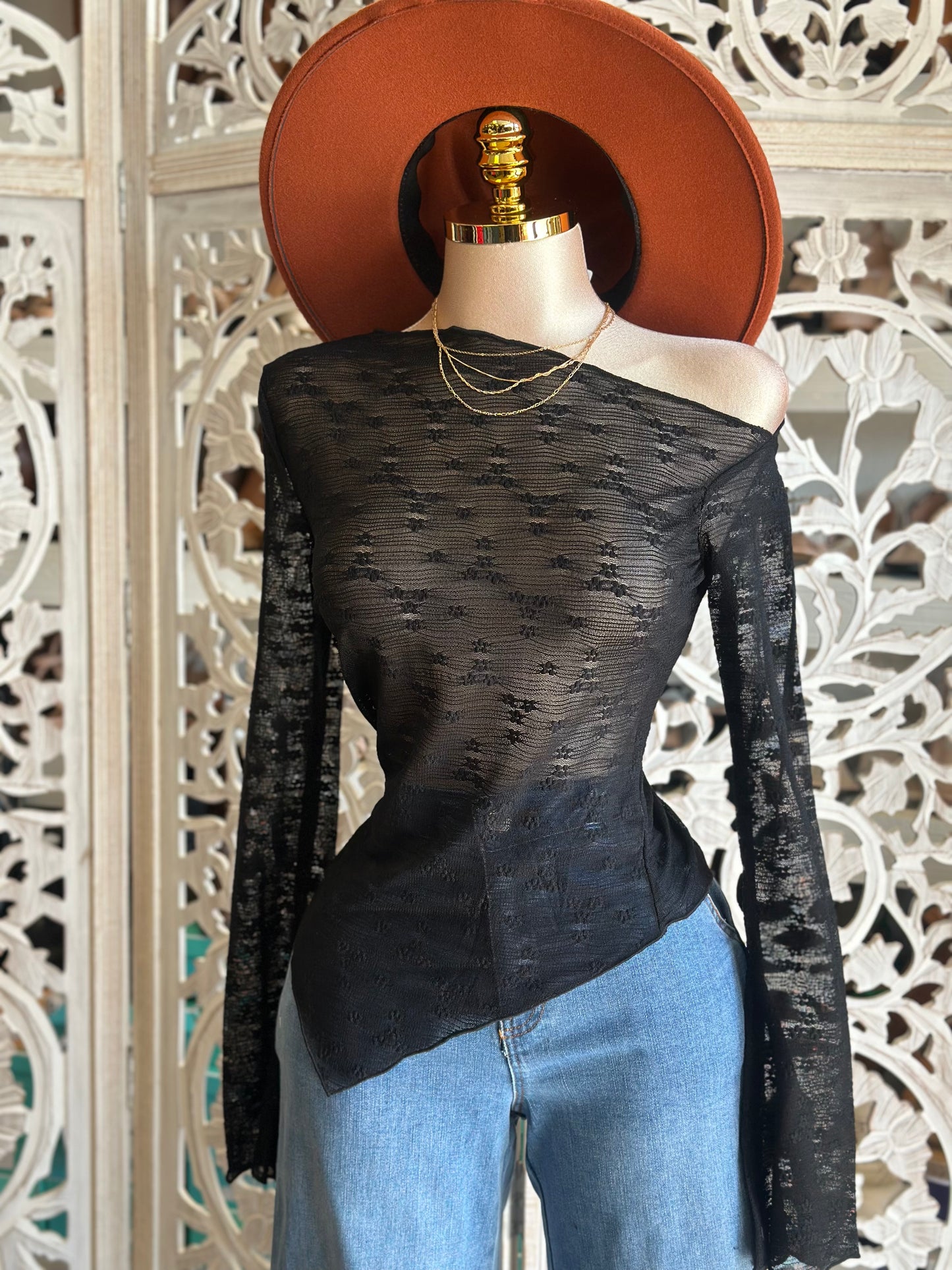 Black Asymmetrical Lace Top- Estira, Stretchy