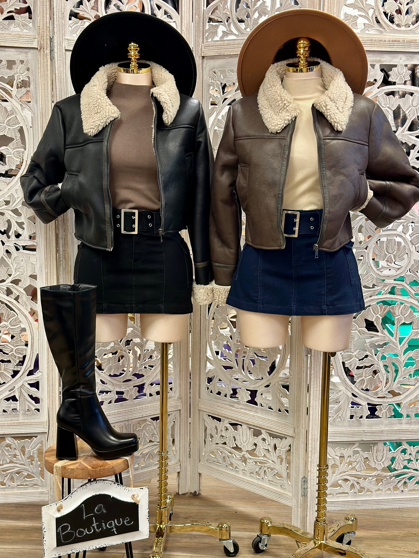 Faux Leather Sherpa Collared Jacket