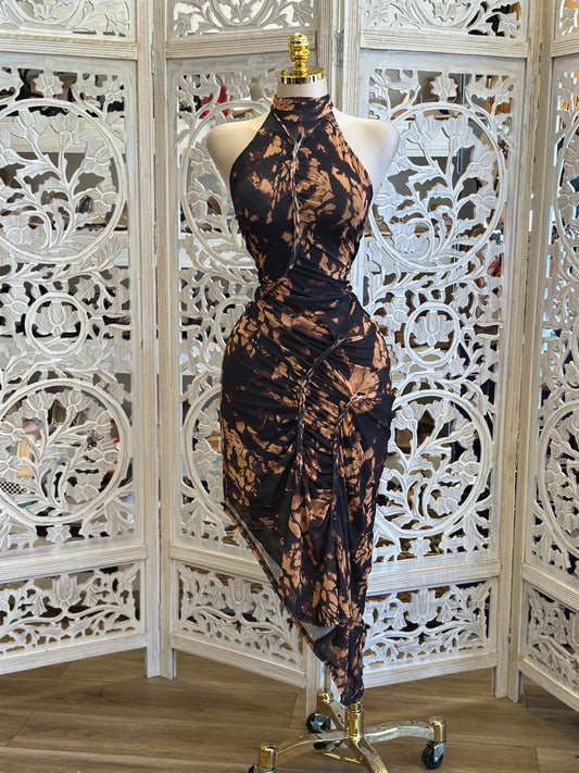 High Neck Brown and Black Midi Dress-Estira, Stretchy