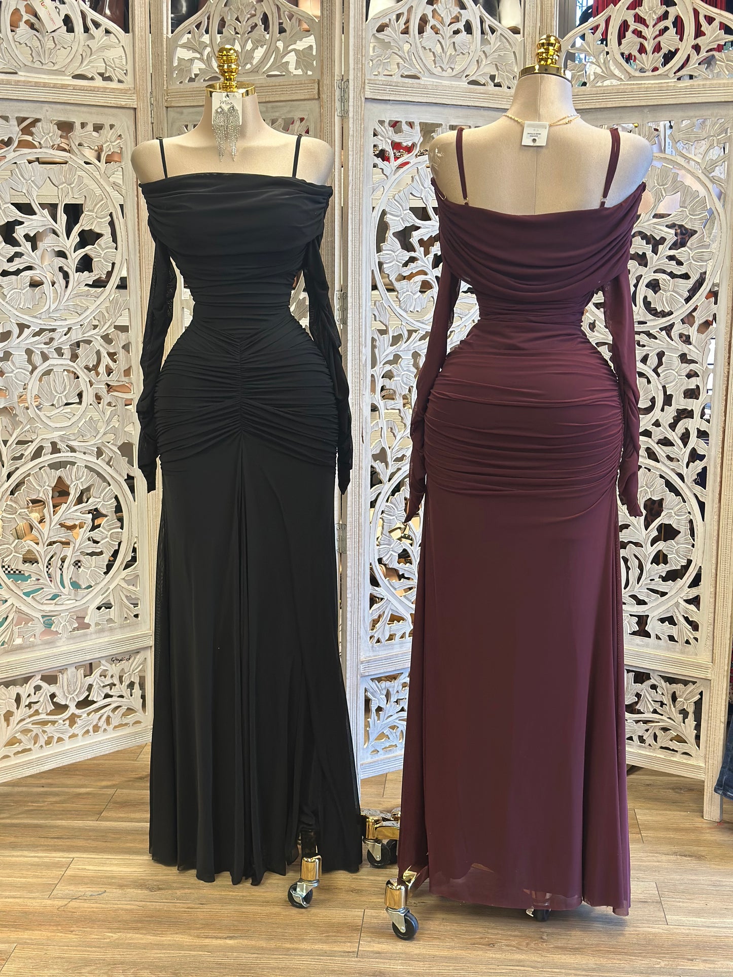 Ruched Off Shoulder Maxi Dress- Stretchy,Estira