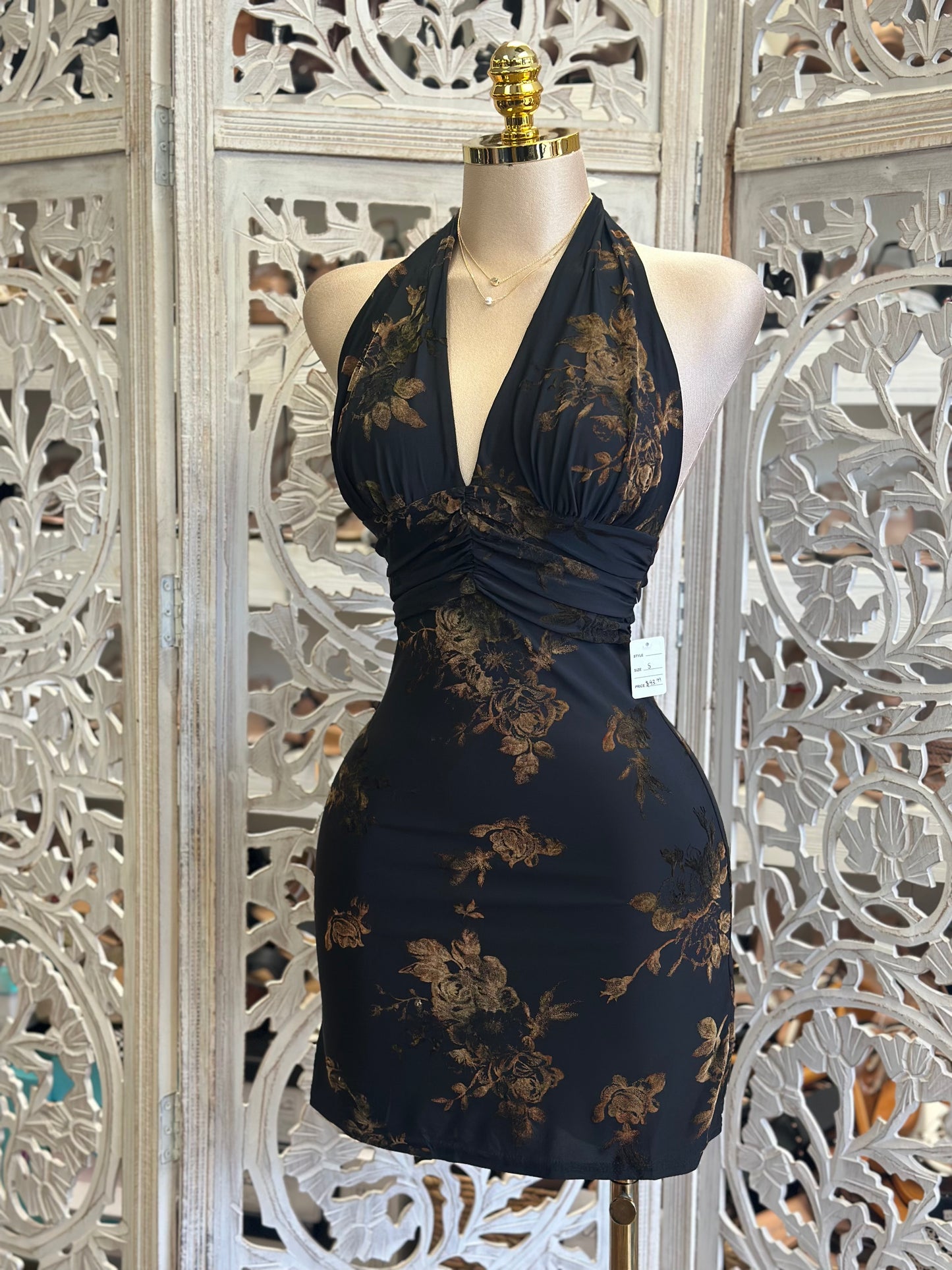 Deep V Open Back Fall Floral Mini Dress - Estira , Stretchy