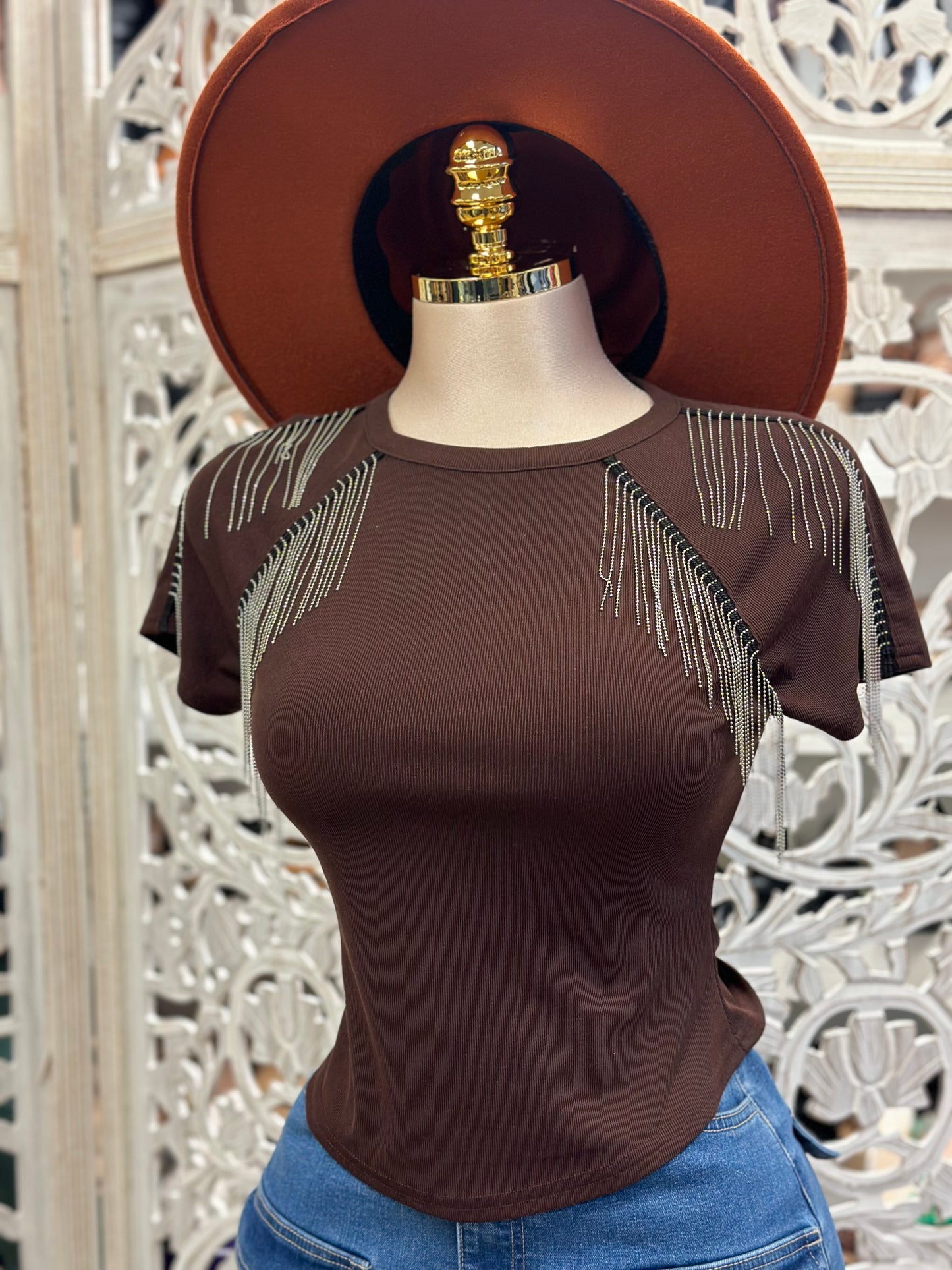 Rhinestone Fringe Brown Tee- Stretchy, Estira