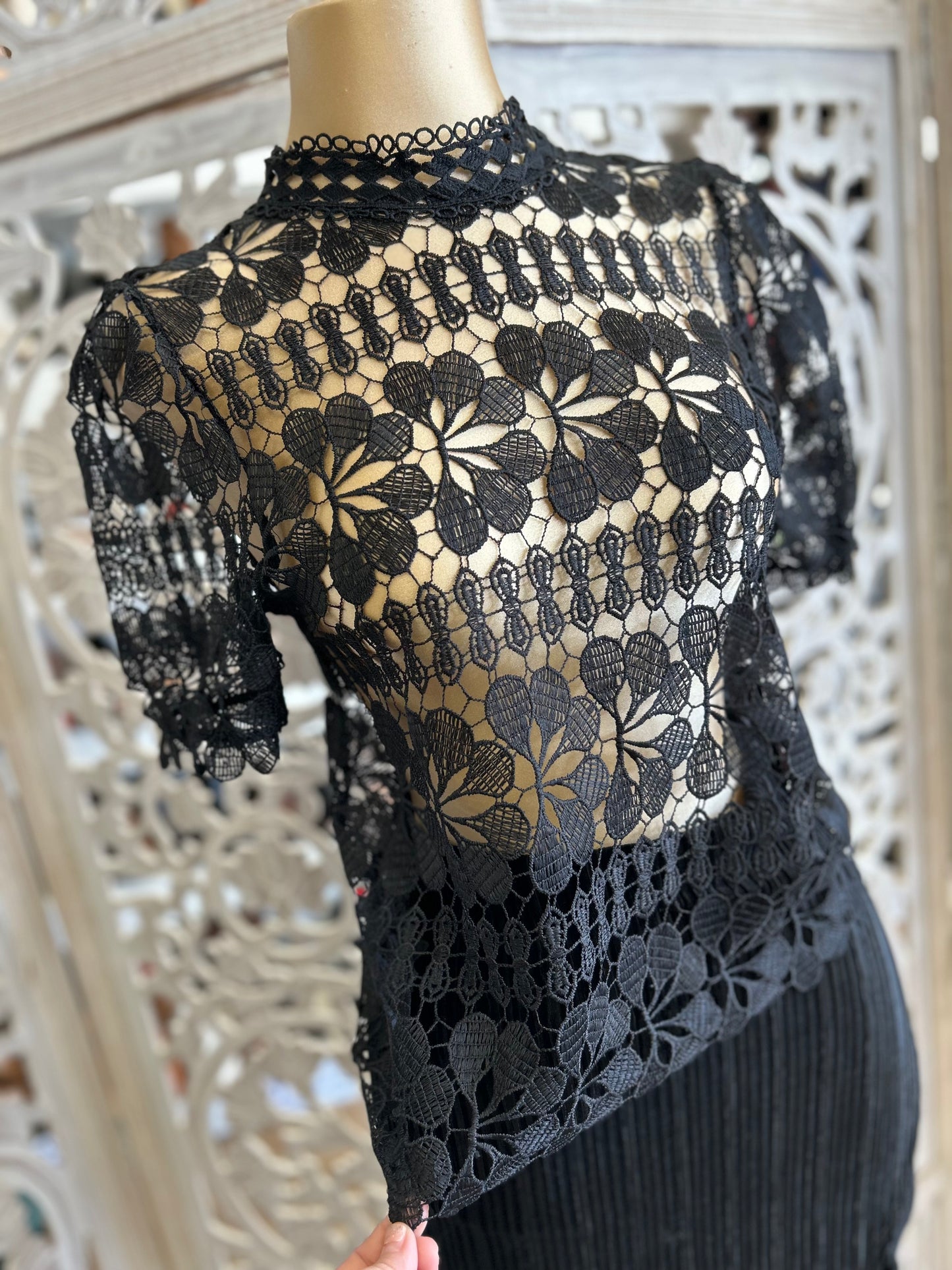 Black Mock Neck Crochet Blouse