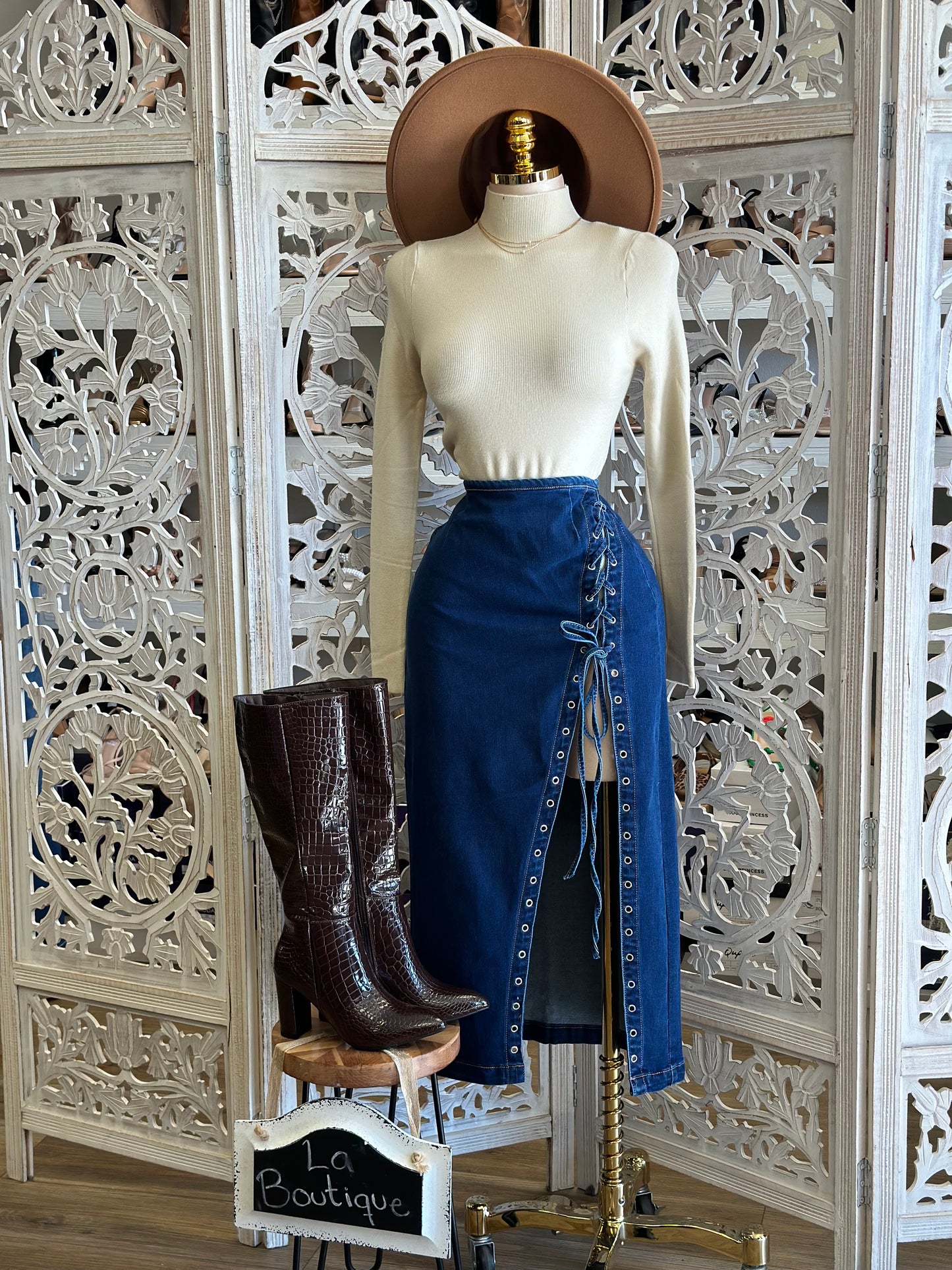High Slit Tie Up Denim Skirt- Estira, Stretchy
