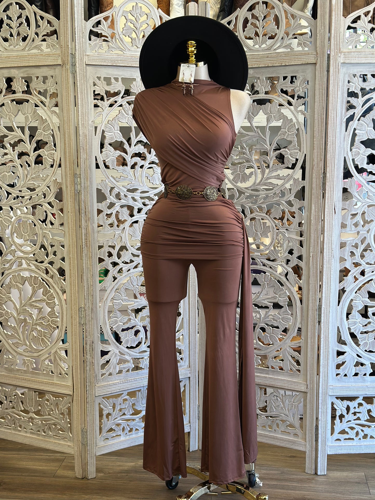 Brown Wrapped Blouse and Pants Set- Stretchy, Estira