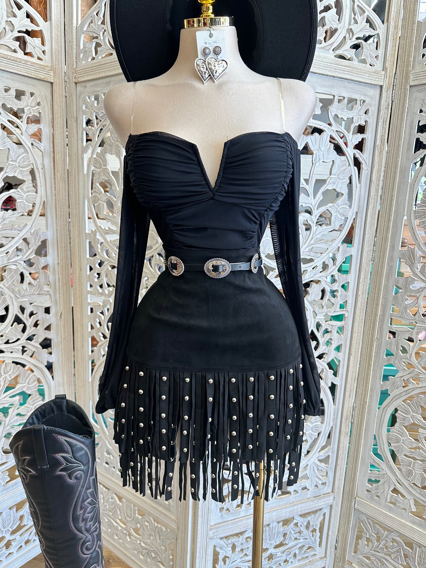 Gold Stone Suede Fringe Mini Skirt-Estira, Stretchy