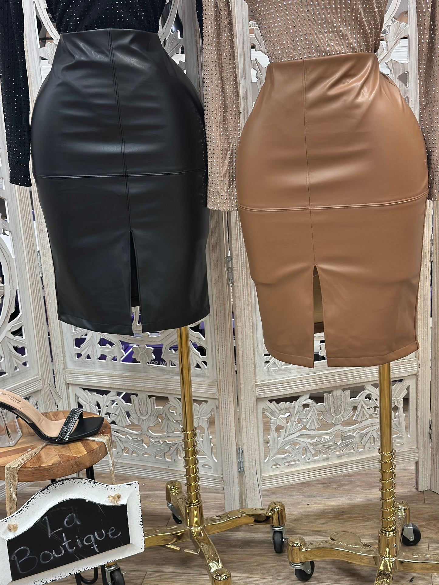 Faux Leather Slit Midi Skirt-Estira Poco, Slightly Stretchy