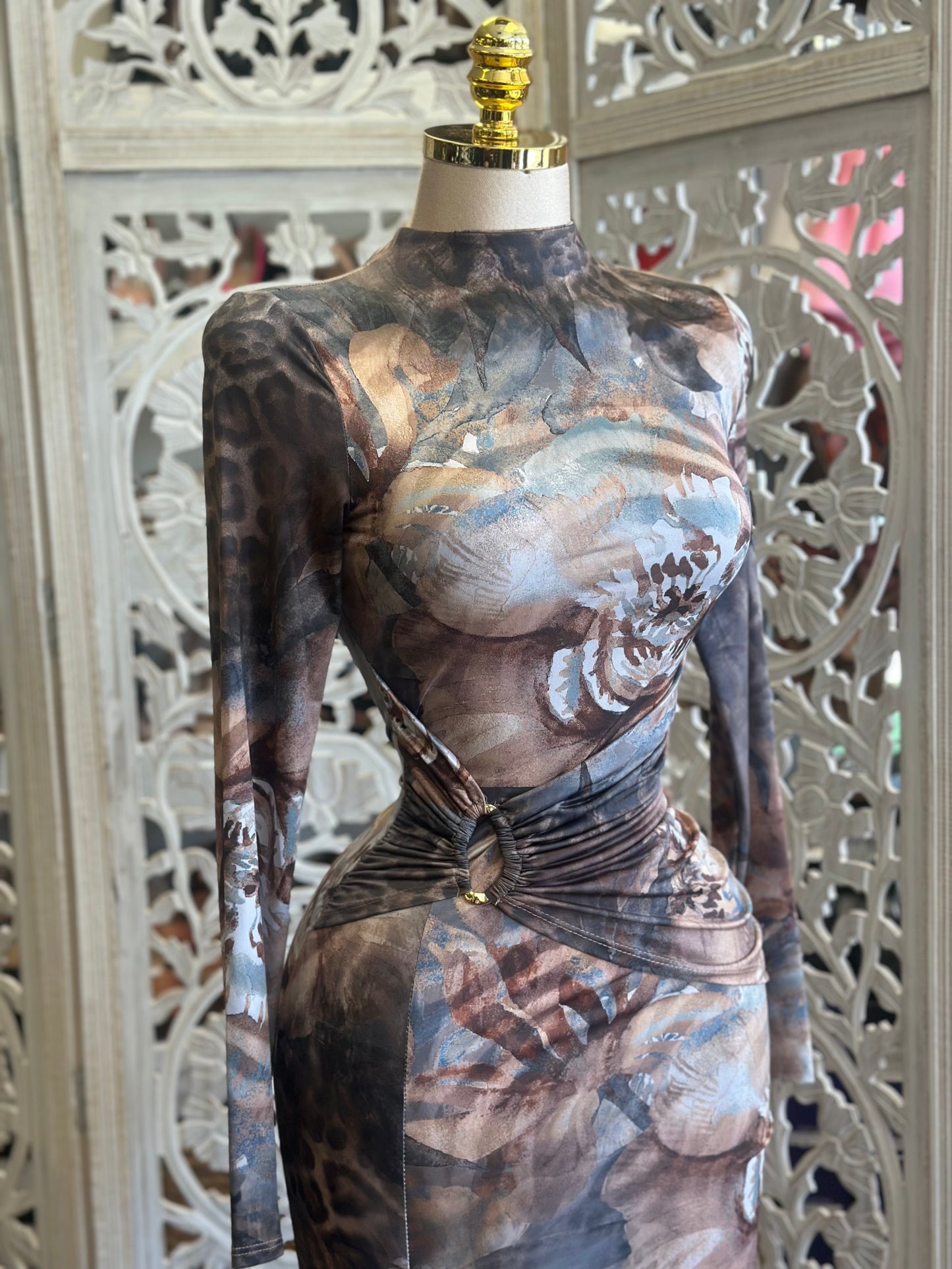 Multi Pattern Body Con Dress - Estira , Stretchy