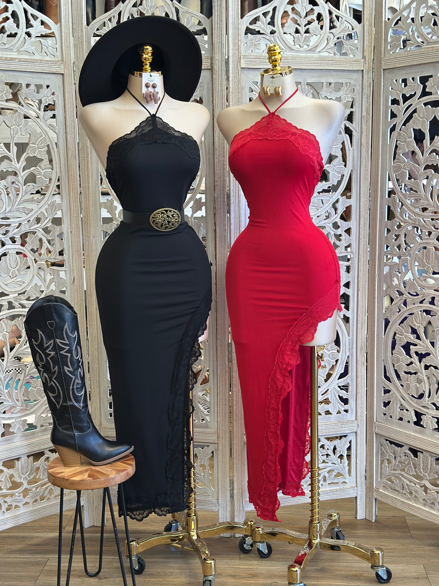 Lace Lined Halter Midi Dress- Stretchy