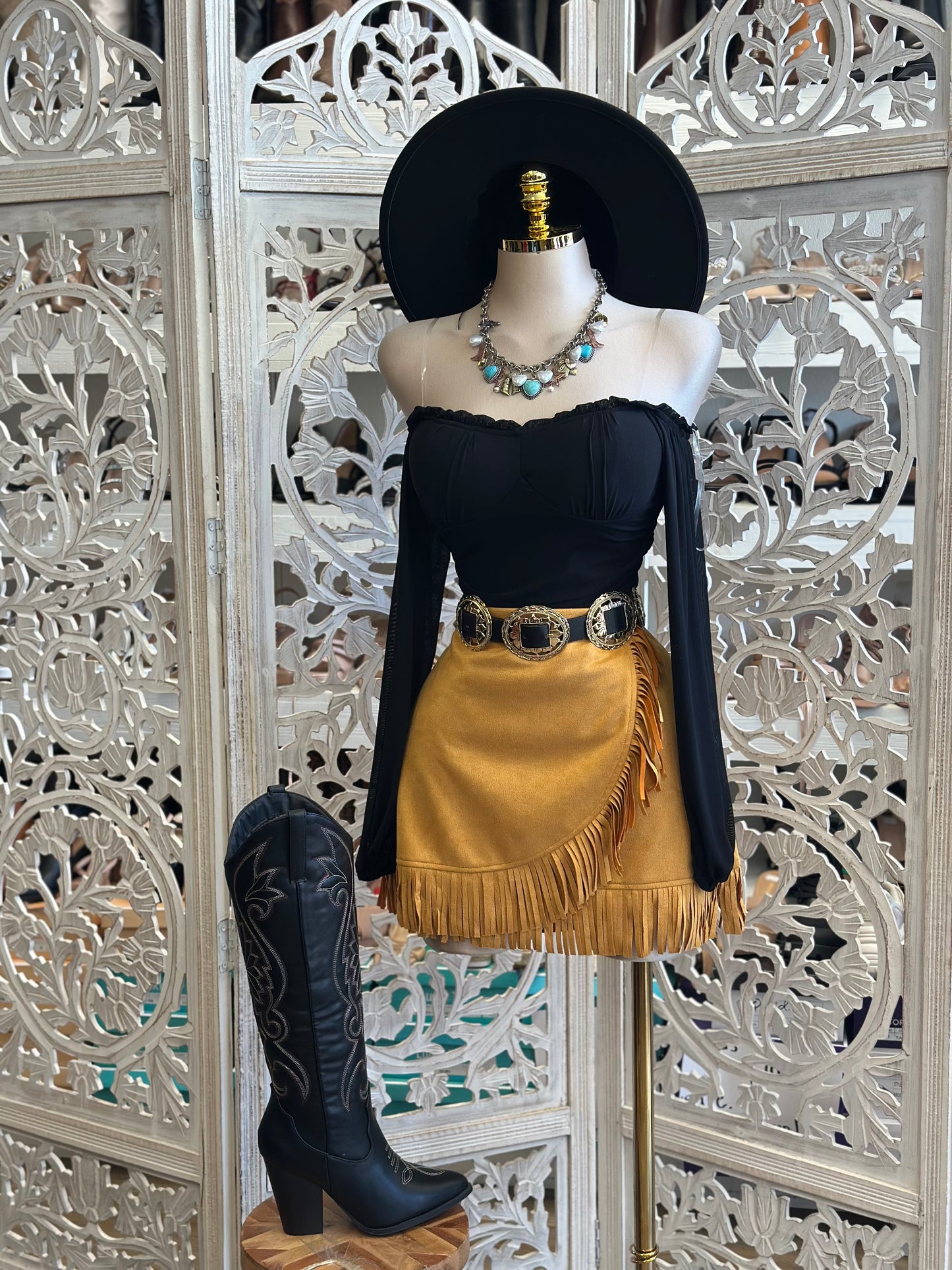Wrapped Brown Fringe Suede Mini Skirt-No Estira, Not Stretchy