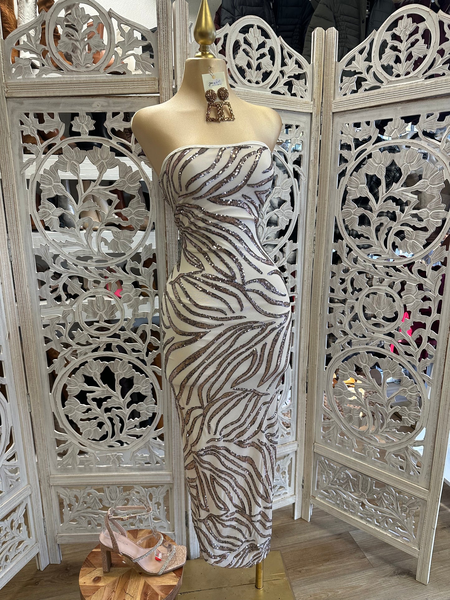 White Strapless Sequin Pattern Midi Dress
