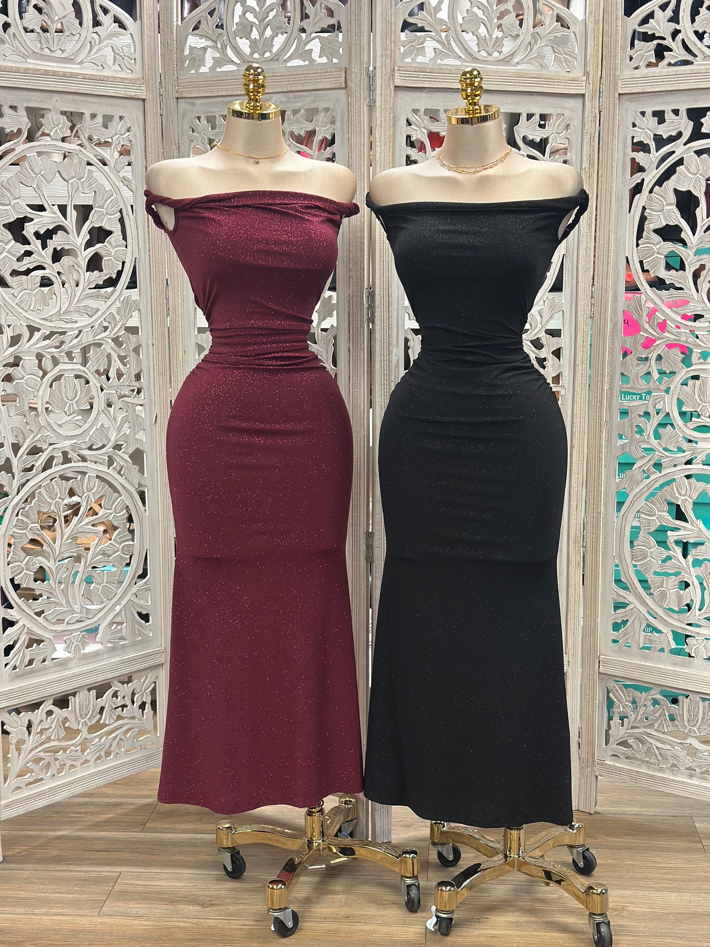 Sleek Off Shoulder Evening Dress- Stretchy,Estira