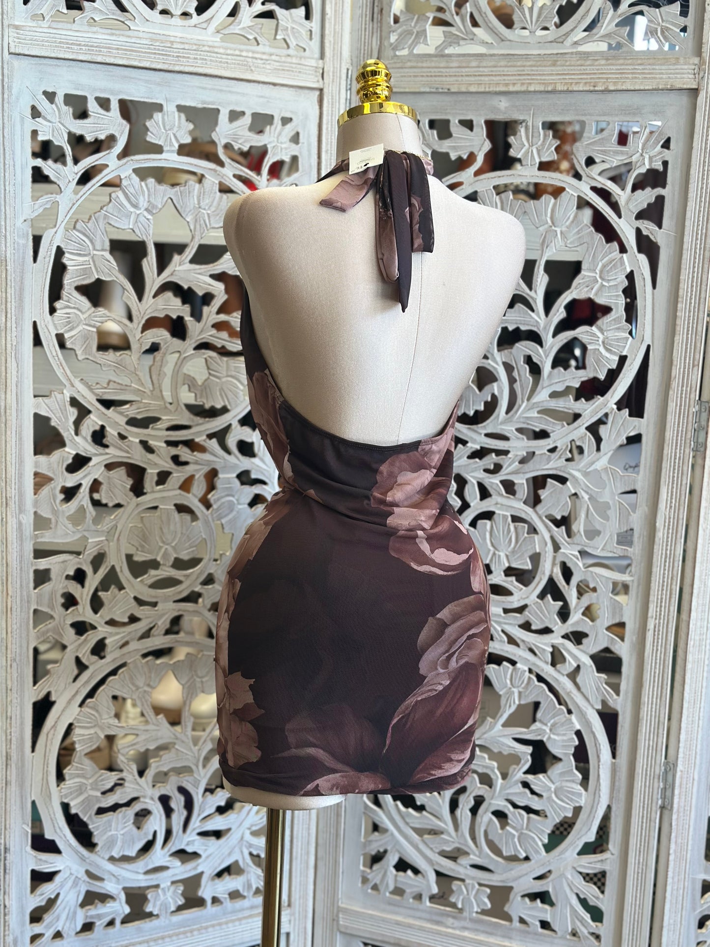 Oval Neck Floral Mini Dress-Estira, Stretchy