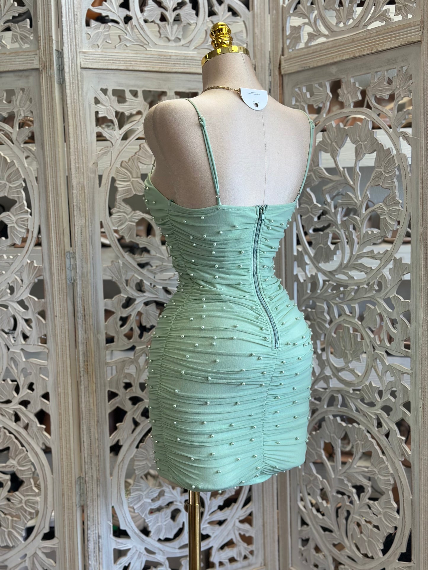 Green Heartline Pearl Embellished Ruched Mini Dress- Stretchy,Estira