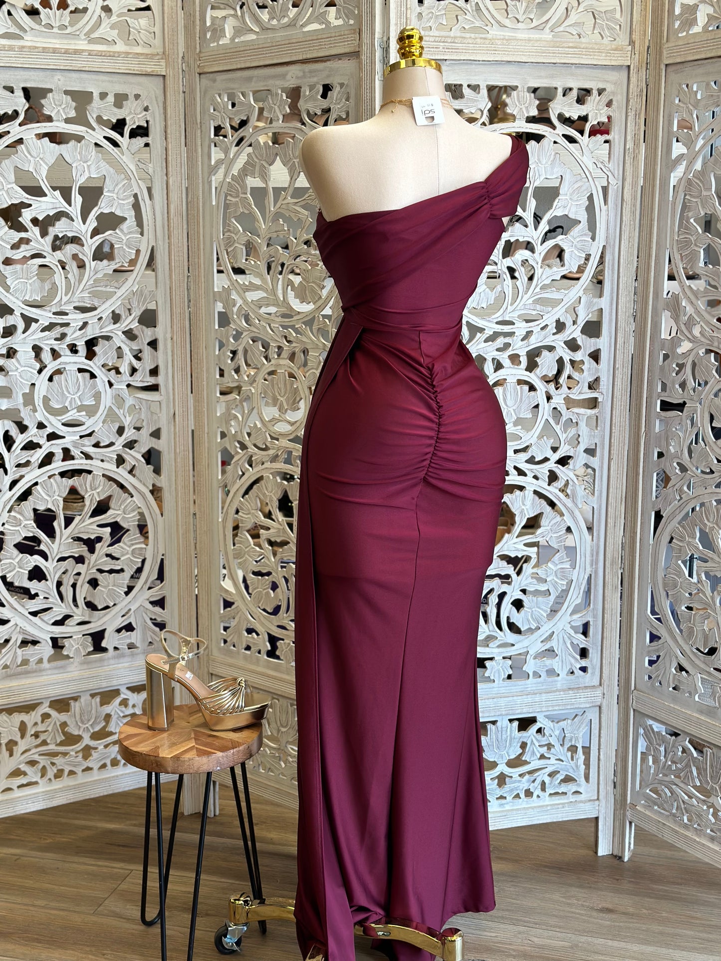 Wine Draped Formal Dress- Stretchy,Estira