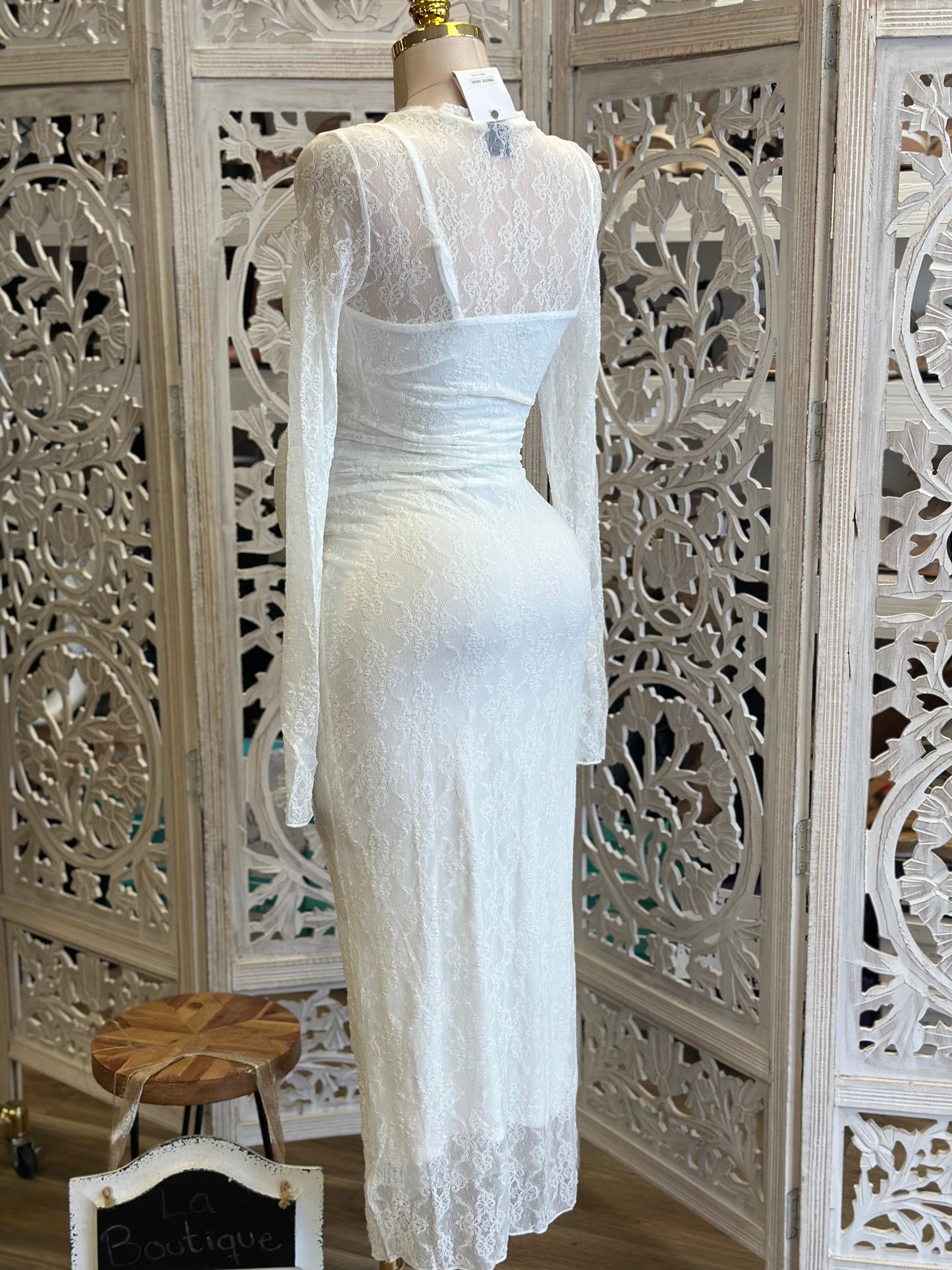 White Mock Neck Lace Maxi Dress- Stretchy,Estira