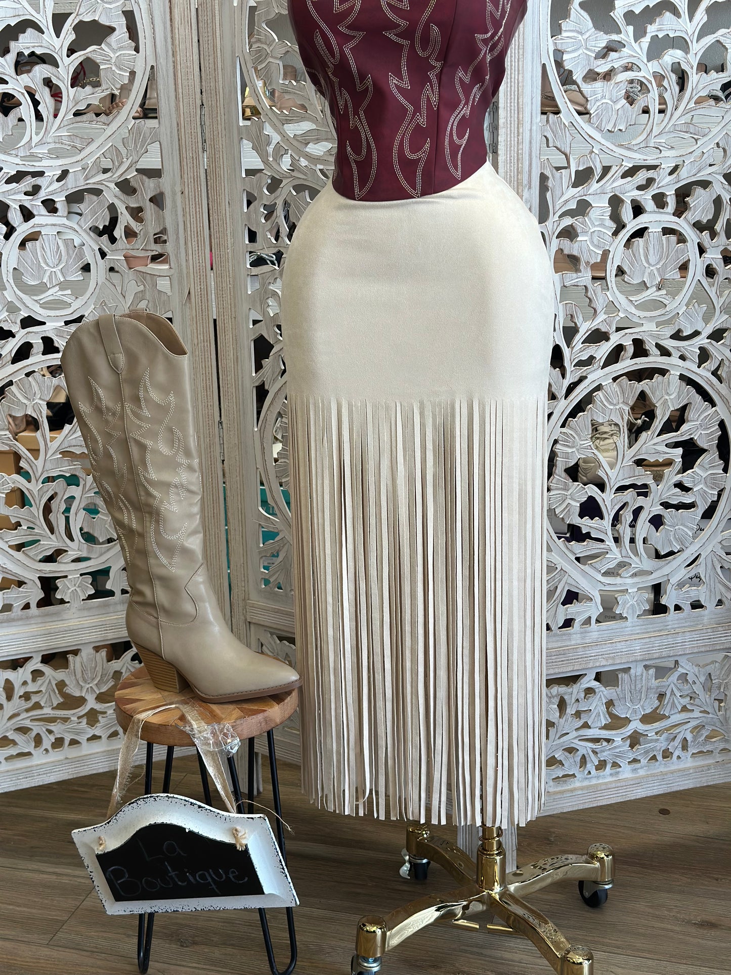 Ivory Long Fringe Skirt-Estira, Stretchy