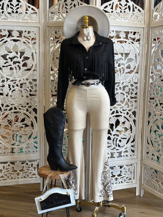 Ivory Suede Embroidered Flare Pants-Stretchy