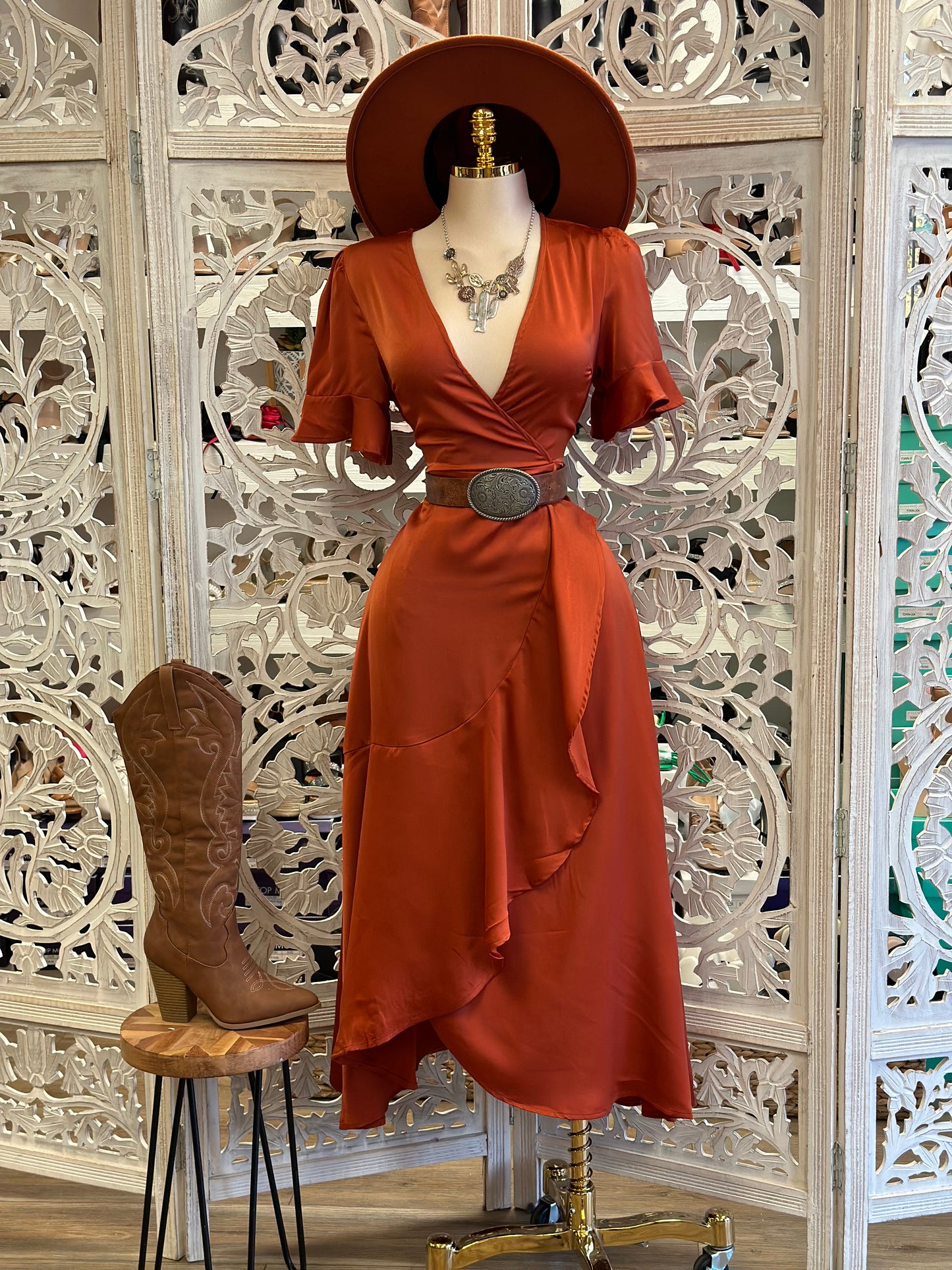 Deep Rust Wrapped Midi Satin Dress- Not Stretchy, No Estira