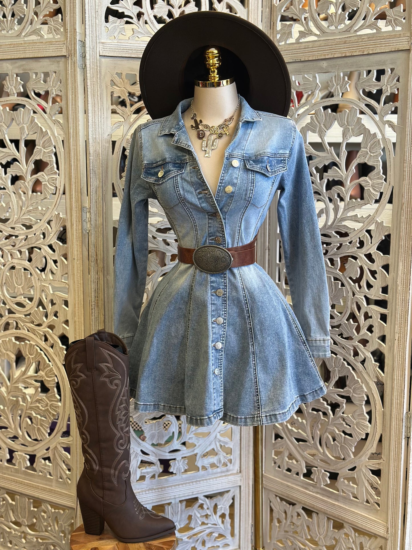 Jean Button Up Flare Mini Dress-Estira, Stretchy