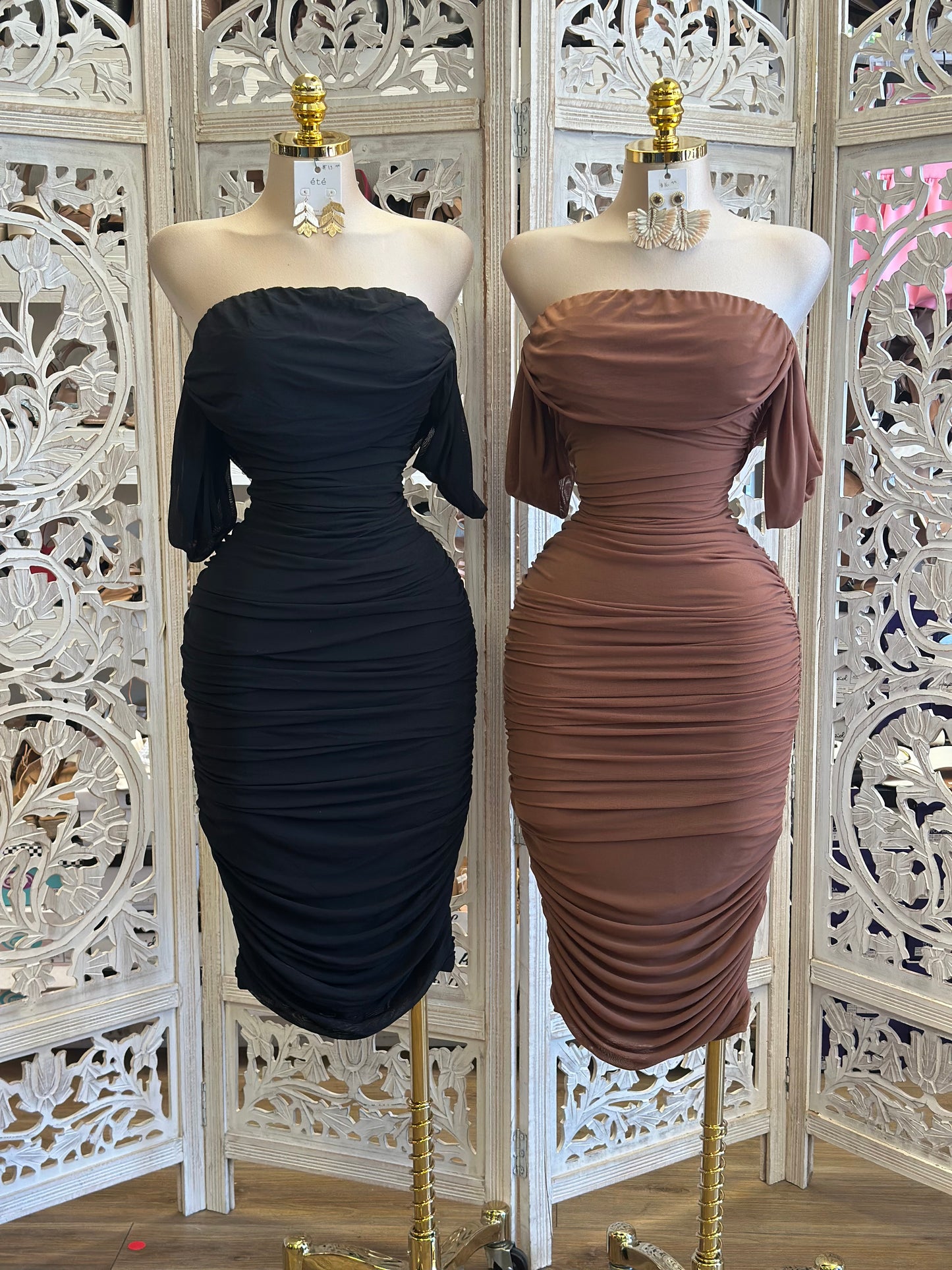 Off Shoulder Ruched Mesh Dress - Estira, Stretchy