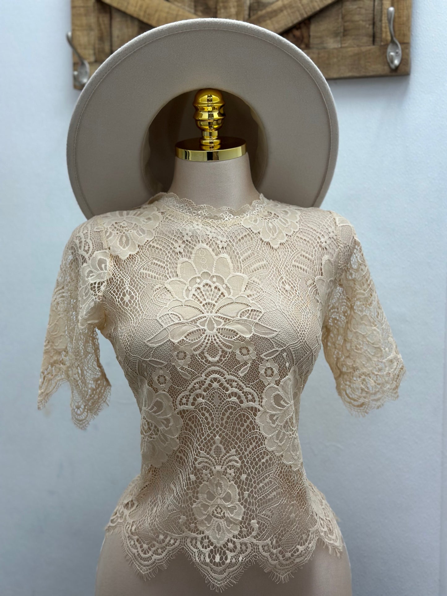 Mock Neck Lace Beige Top - Estira, Stretchy