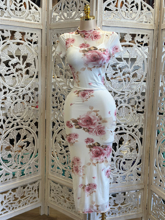 Mesh Floral Midi Dress- Stretchy, Estira
