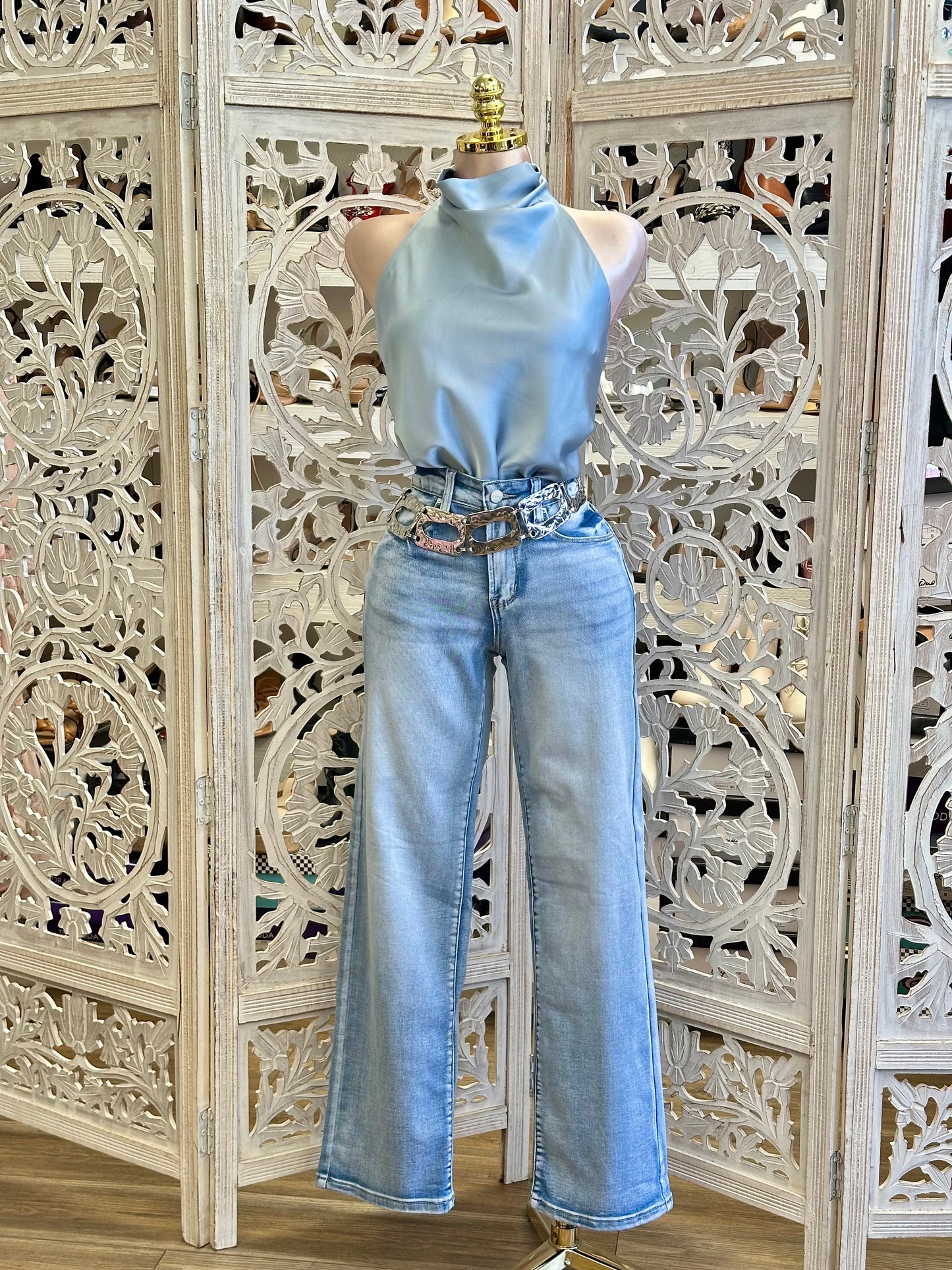 Linen Blue Satin Backless Blouse