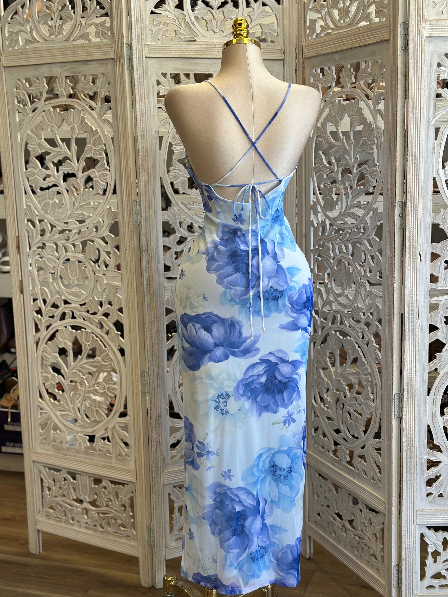 Sky Floral Crossback Midi Dress - Estira, Stretchy