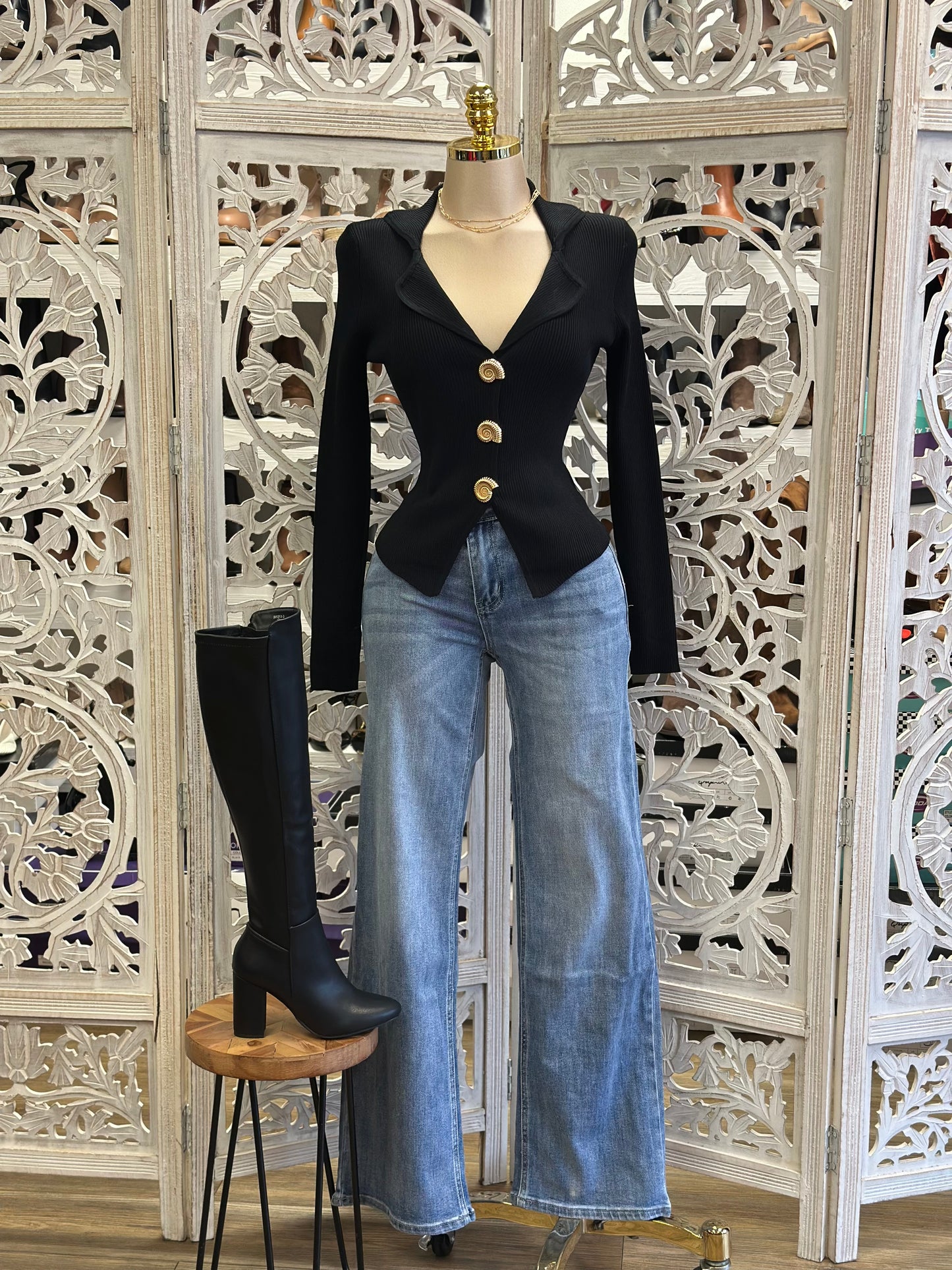 Black Snail Button Top- Estira, Stretchy