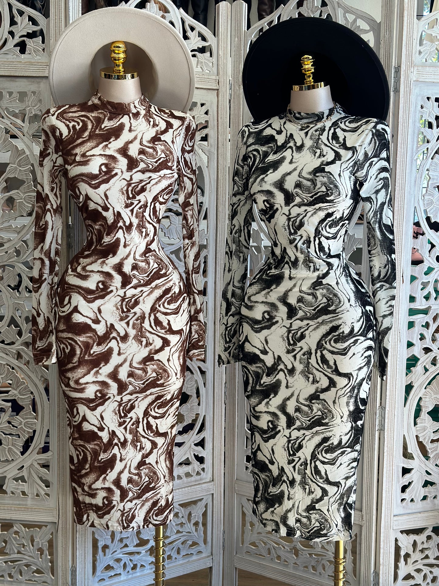Mock Neck Marble Pattern Midi Dress- Stretchy,Estira