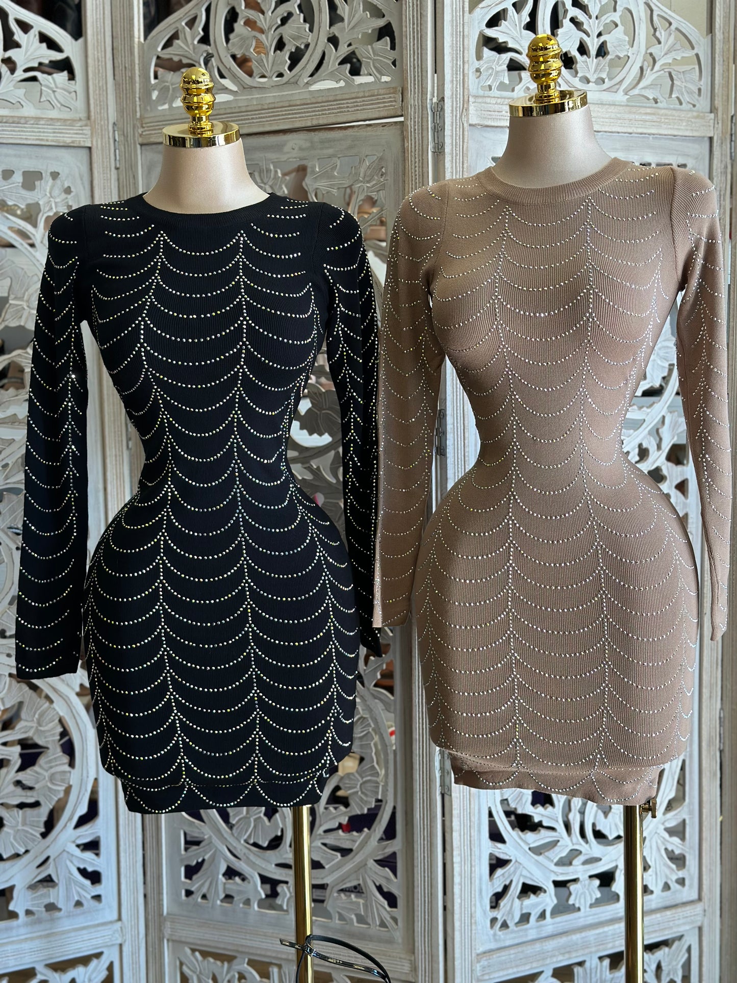 Rhinestone Pattern Ribbed Mini Dress- Stretchy,Estira