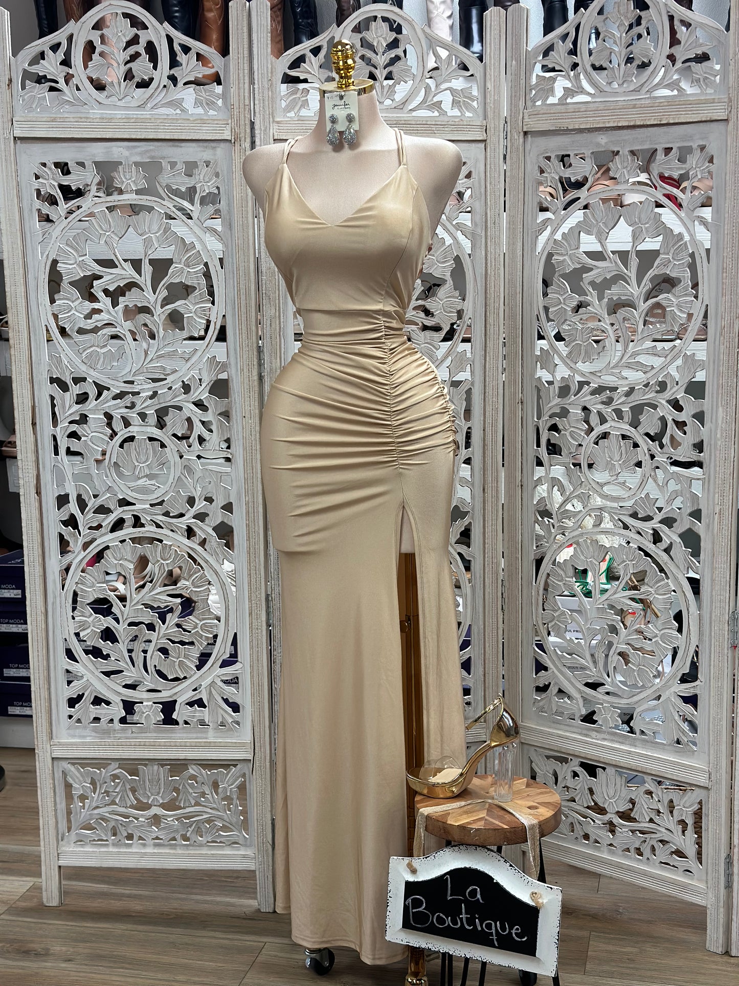 Champagne Ruched Gown- Slightly Stretchy, Estira Poco