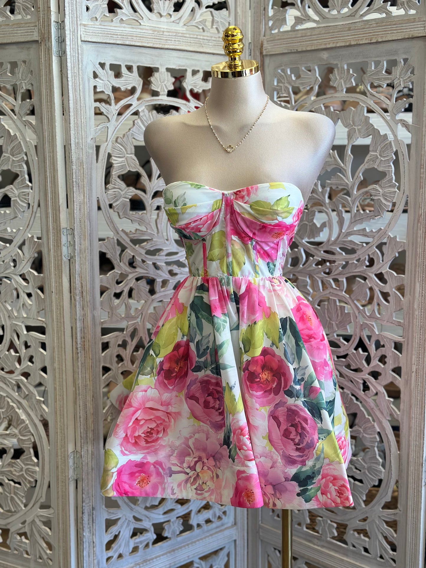 Bright Pink Strapless Floral Mini Dress- Slightly Stretchy , Estira Poco
