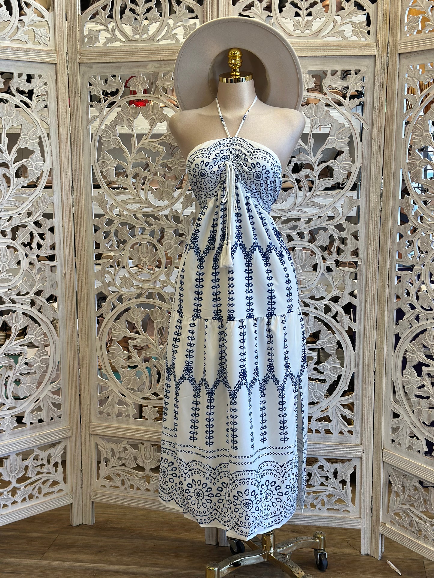 Halter Summer Pattern Maxi Dress-Estira, Stretchy