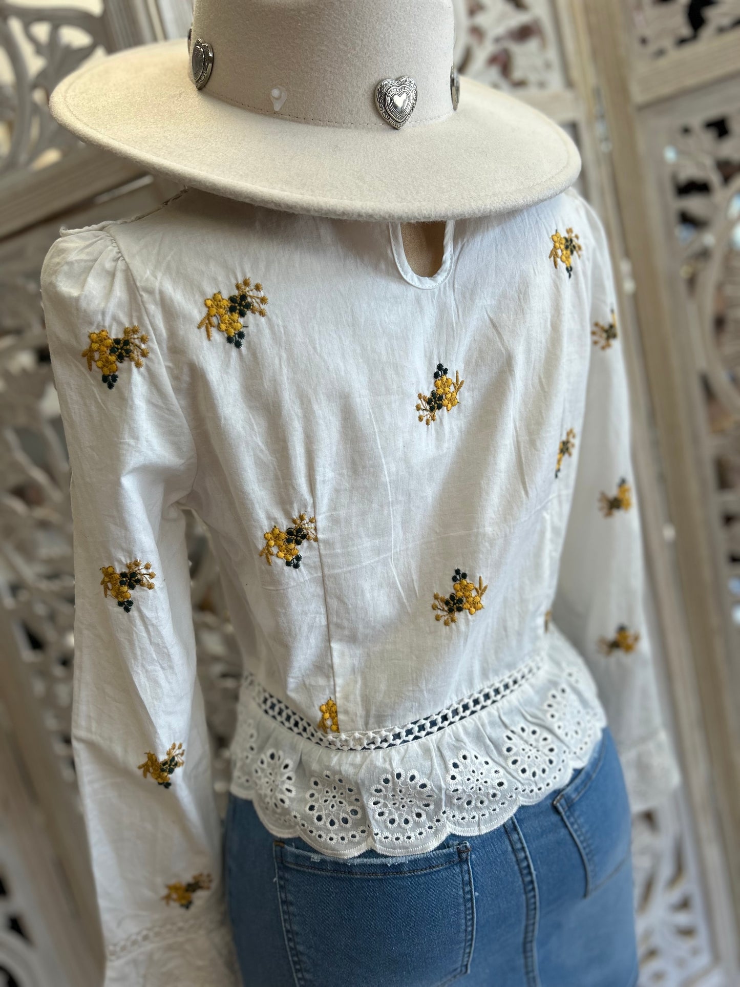 Lace Yellow Floral Embroidered White Blouse - Not Stretchy