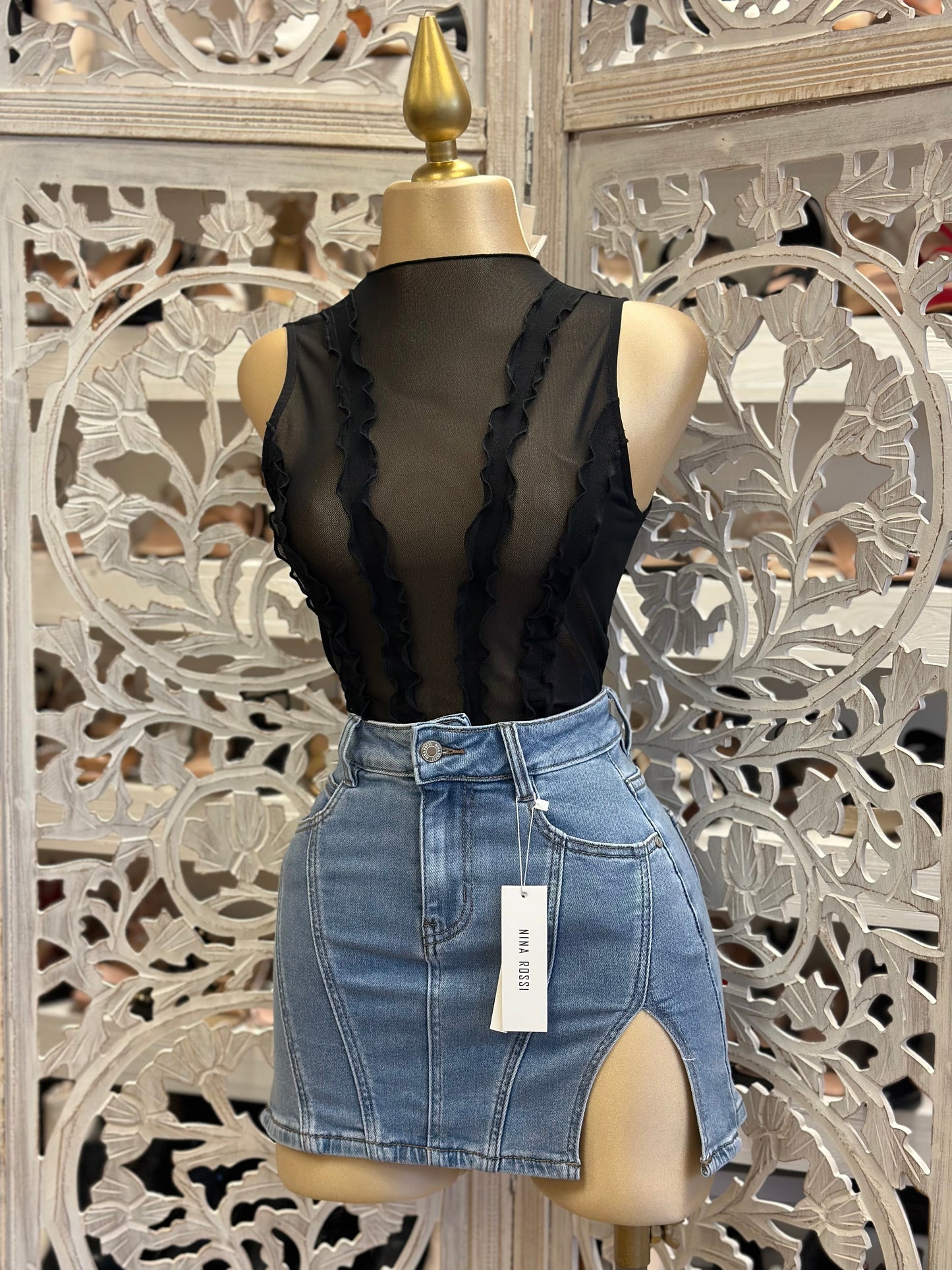 Black Mesh Ruffle Top - Stretchy