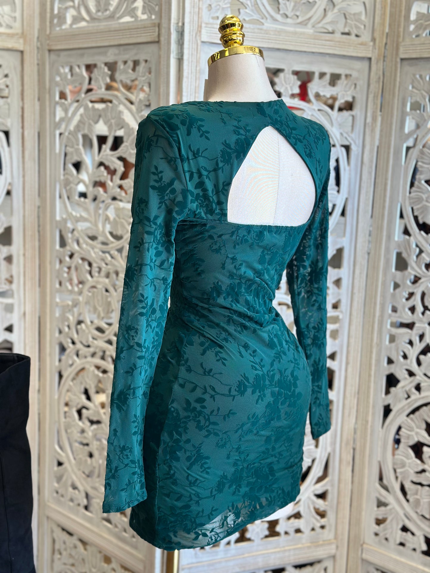 Deep Green Velvet Floral Cutout Mini Dress- Stretchy,Estira