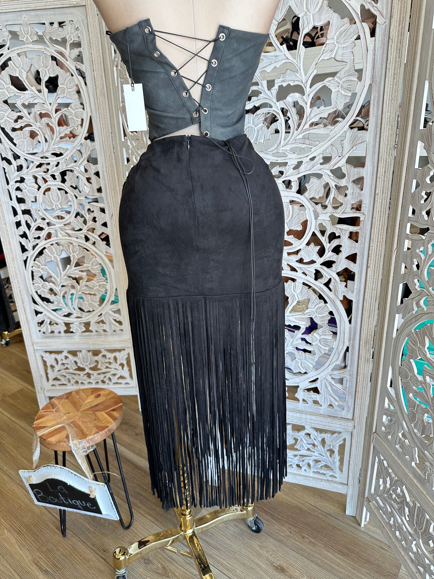 Black Suede Fringe Midi Skirt-Estira, Stretchy