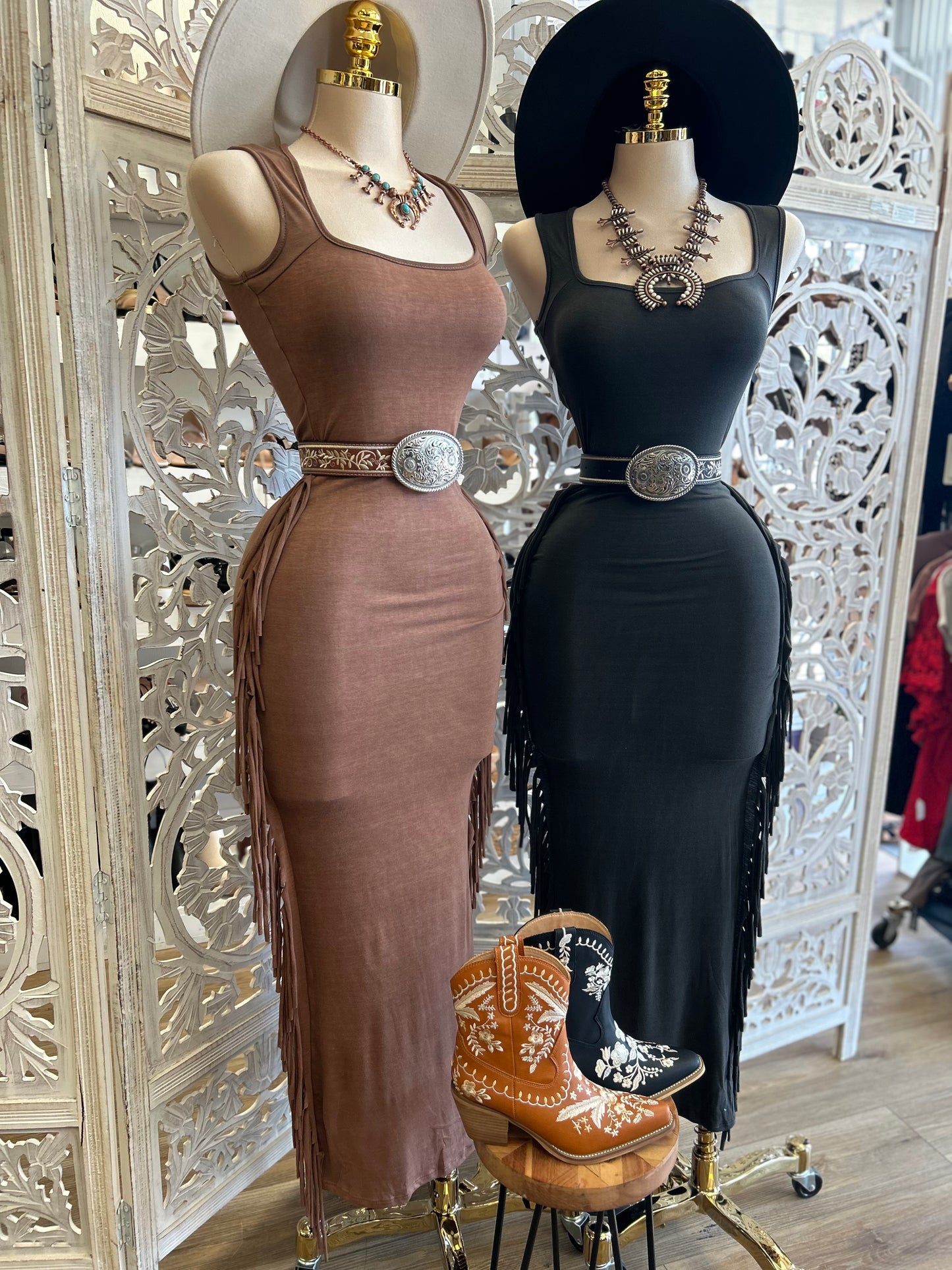 Side Fringe Maxi Dress- Stretchy, Estira