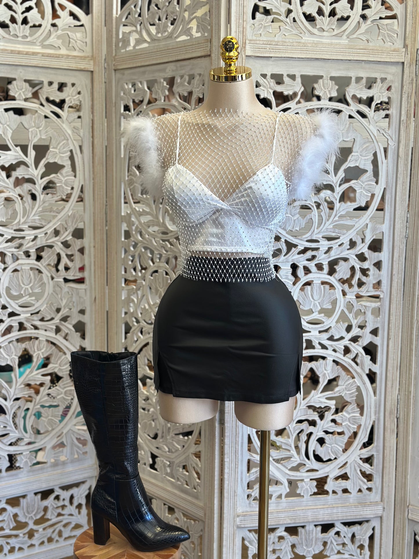 Feathered Netted Top and Undershirt - Estira, Stretchy