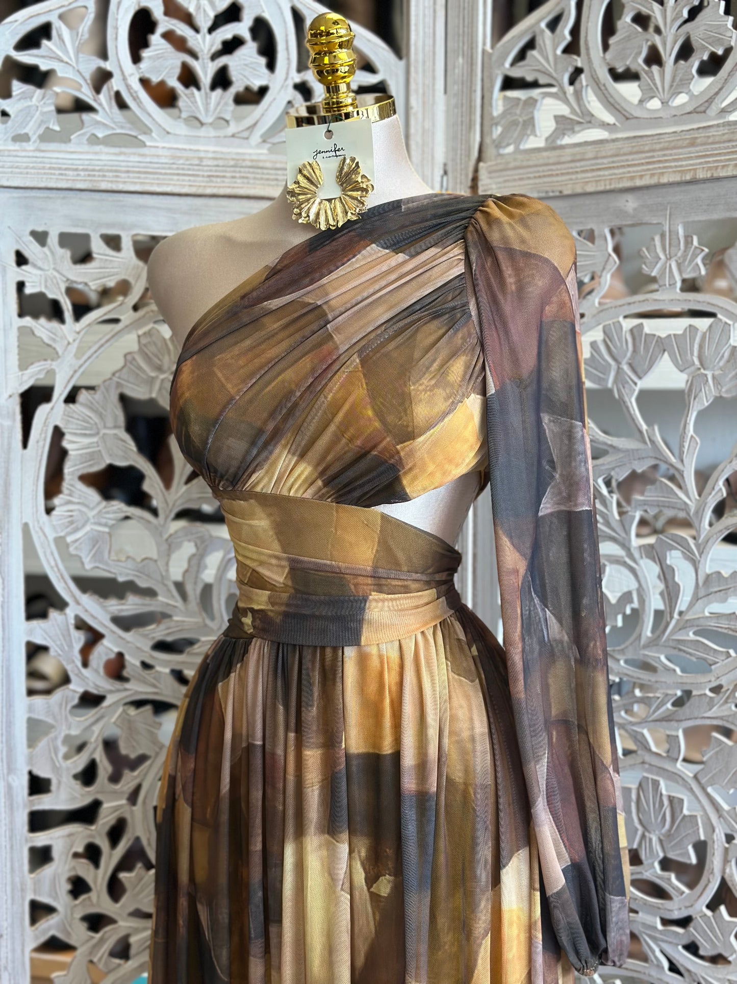 One Sleeve Pleated Pattern Dress- Stretchy,Estira