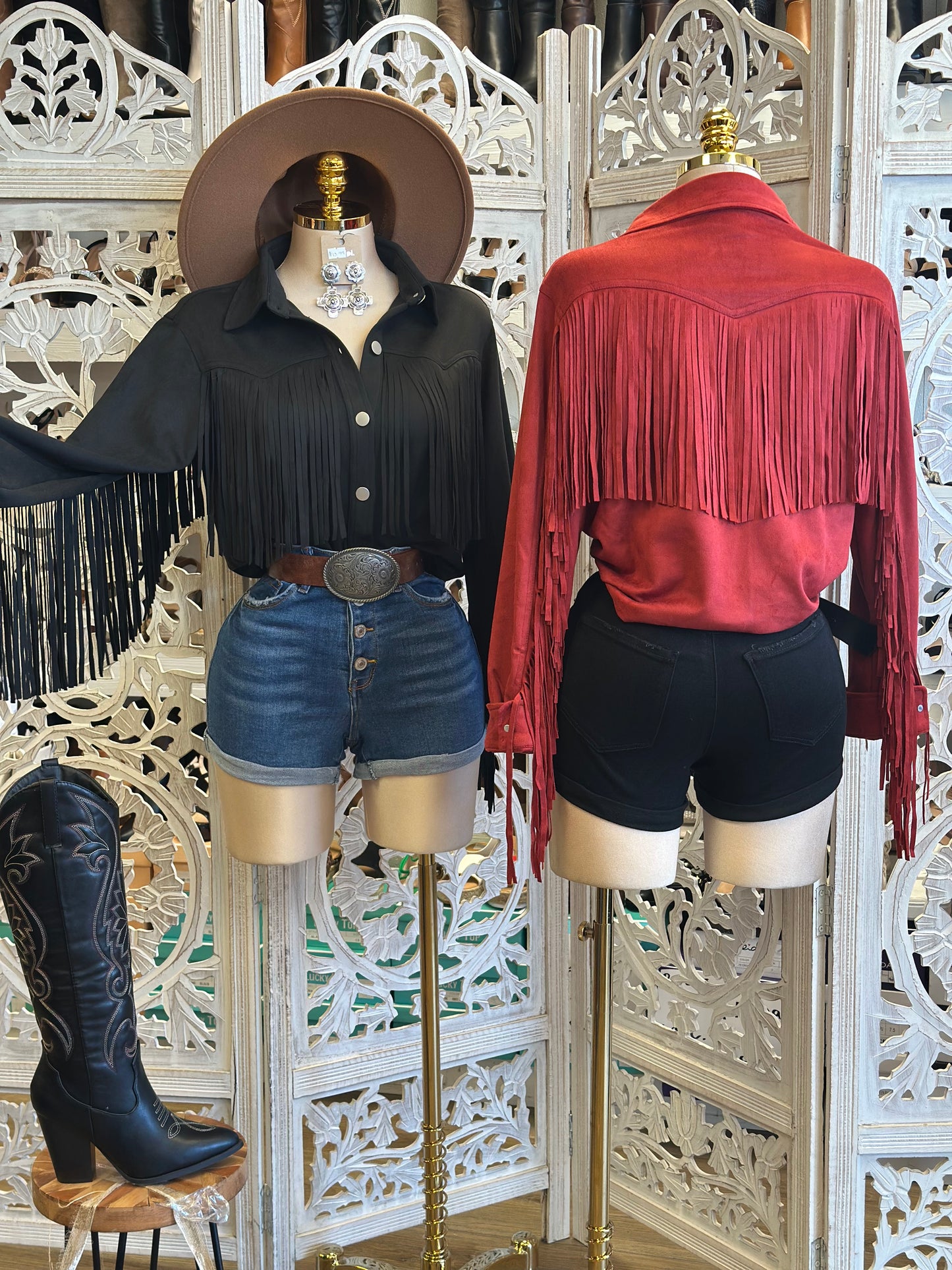 Suede Fringe Button Up Blouse- Estira, Stretchy