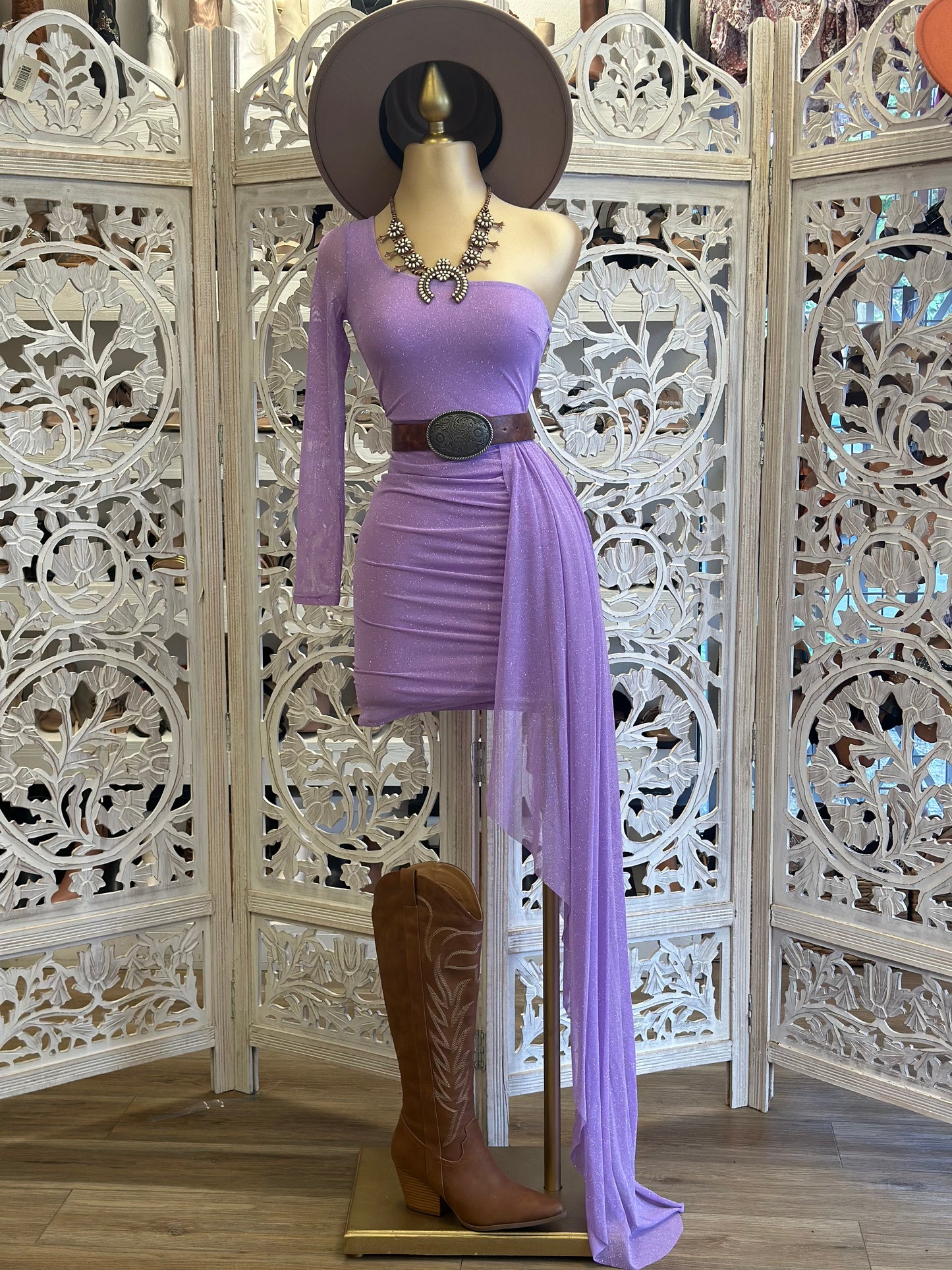 Glitter Purple Off Shoulder Tailed Dress- Stretchy venta final ..