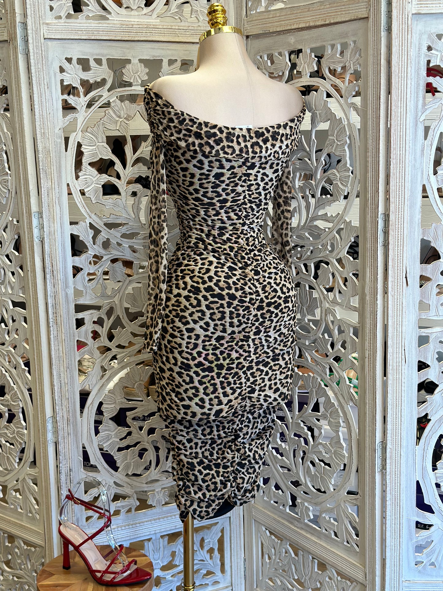 Leopard Print Off Shoulder Midi Dress- Stretchy, Estira