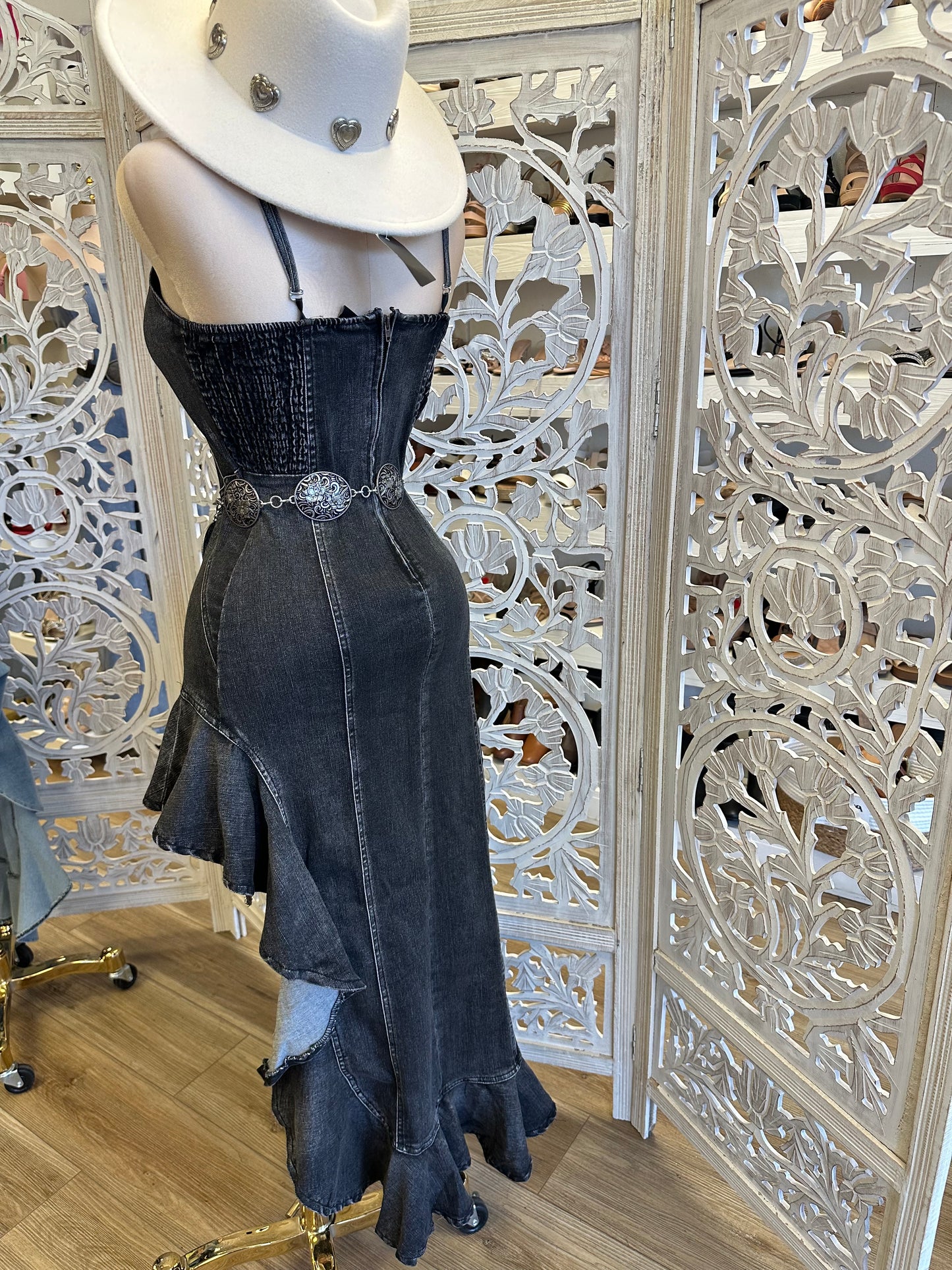 Black Denim Maxi Ruffled Dress- Stretchy, Estira