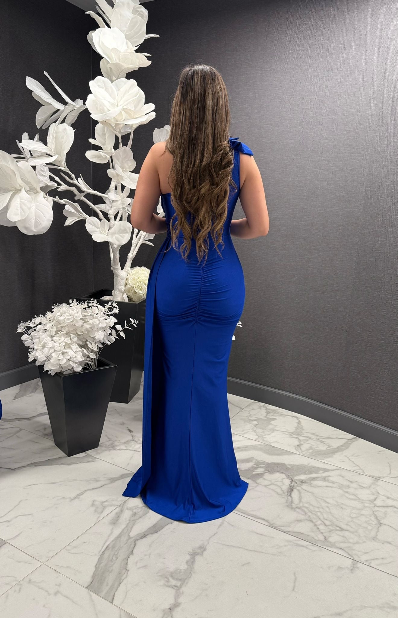 Royal Blue Bow One Sleeve Gown-Estira, Stretchy