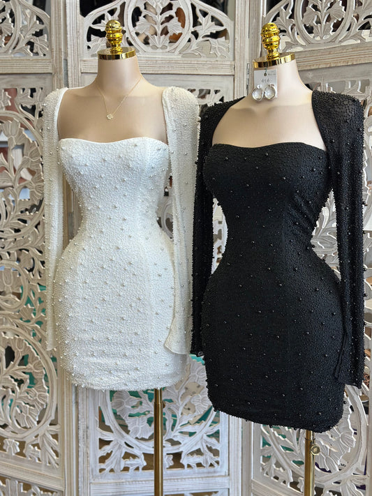 Pearl Embellished Square Neck Mini Dress- Stretchy ,Estira