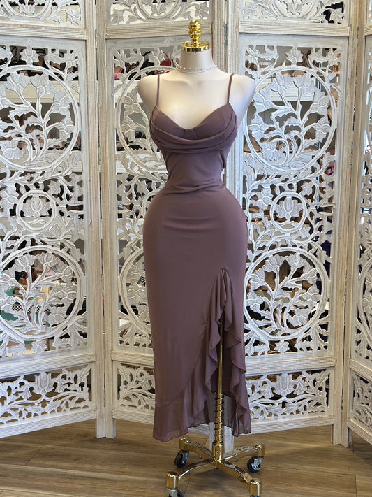 Deep Mauve Draped Ruffle Midi Dress-Estira, Stretchy